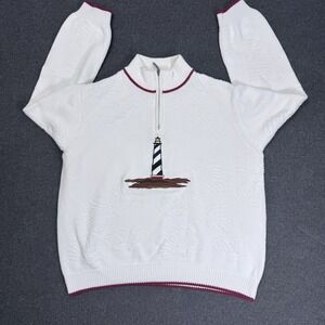 Cabelas Lighthouse Quarter Zip Sweater Mens L White Nautical Cotton Knit